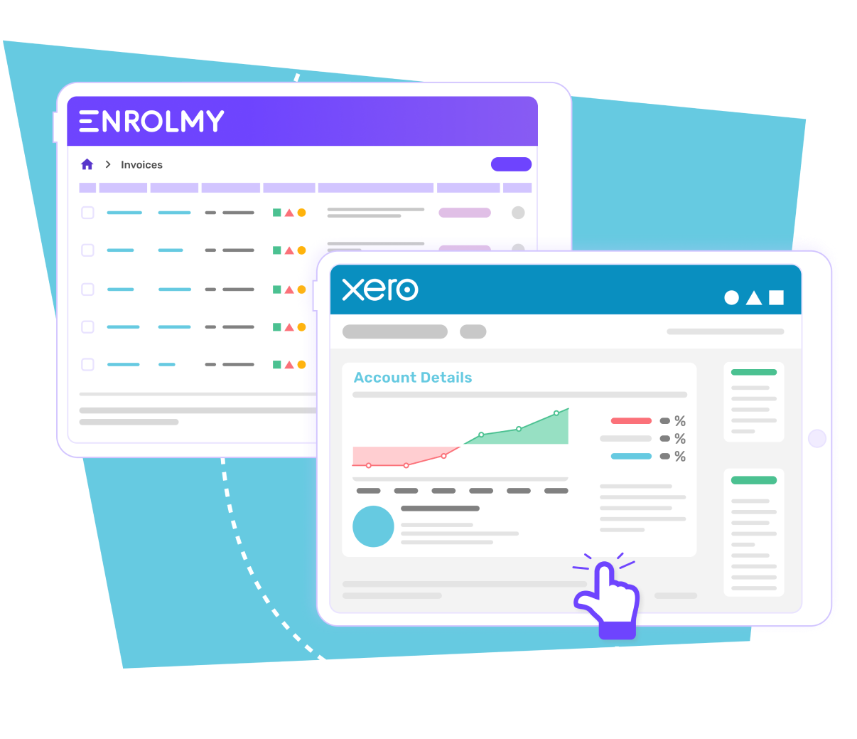 Enrolmy and Xero integration interface showing invoicing and accounting features
